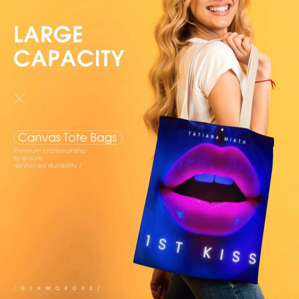 model carrying 1st kiss tote bag