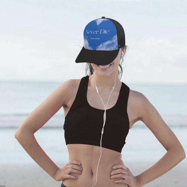 model wearing never die trucker hat